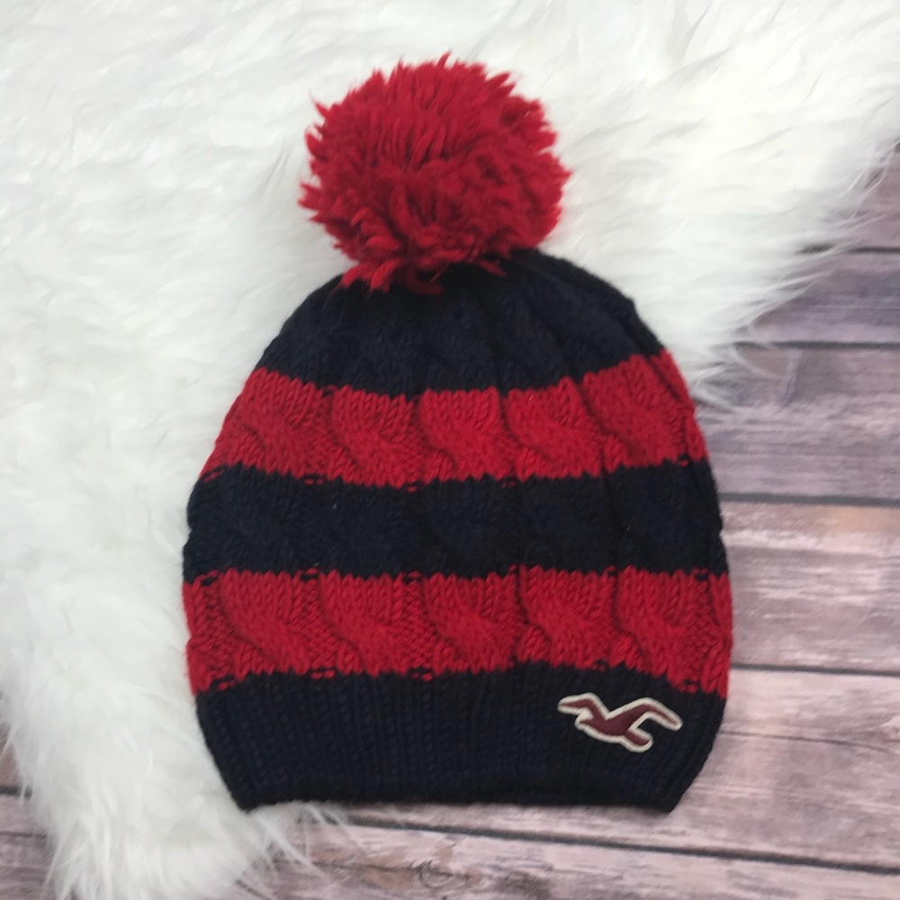 Hollister Red Navy Striped Knit Hat with Pom Pom